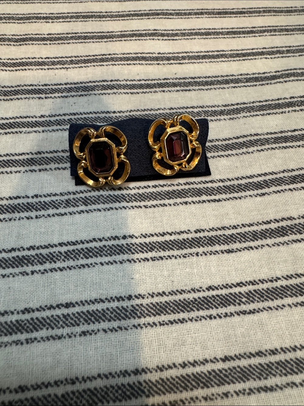 Gold-Tone Floral Earrings with Garnet-Colored Stone